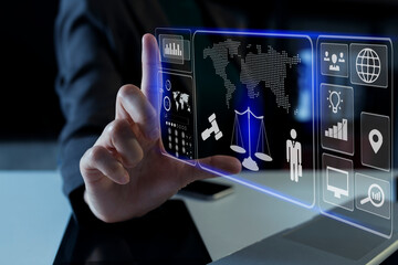 Lawyer business hands working on smart digital interface icons, technology and business concept. 
