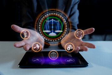 Lawyer business hands working on smart digital interface icons, technology and business concept. 
