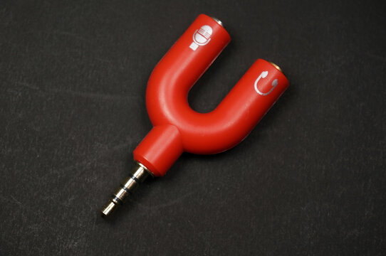 U Splitter Jack Audio isolated on Black  Background with selective focus.                           
