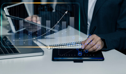 business hands working on tablet or laptop computer with graphs analysis candle line in office room, diagrams on interface icons screen, Business digital market concept.