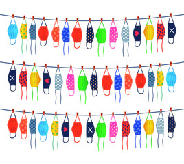 Masks hanging on washing line outdoor vector illustration.