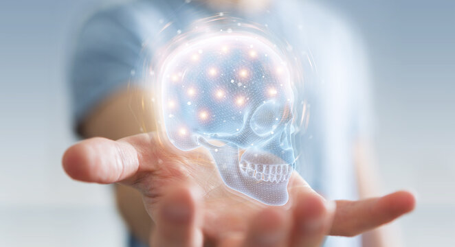 Man using digital x-ray skull holographic scan projection 3D rendering