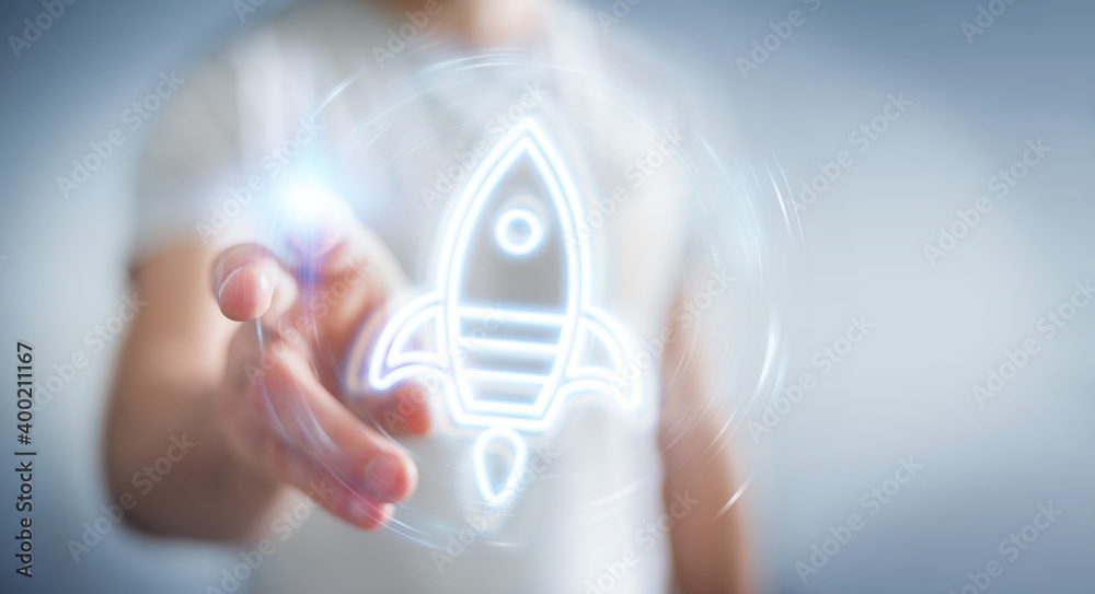 Aufkleber Man using startup digital neon interface 3D rendering