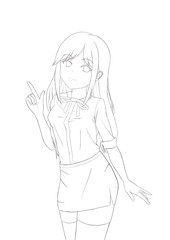 Beautiful pink long hair anime girl wearing white shirt and short mini slim tight black skirt, cute pose, line art, isolated on white background