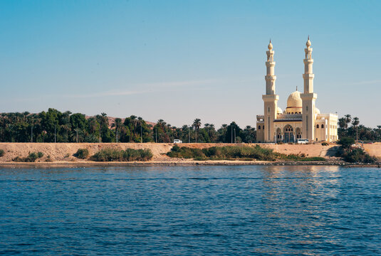 El Tabia Mosque with Minarets in Aswan, Egypt on the Bank of the River Nile