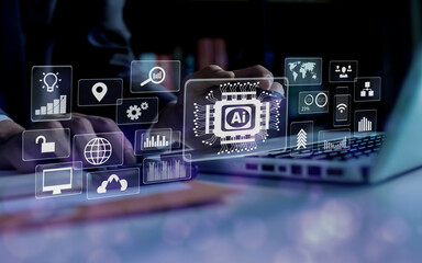 Businessman using digital tablet and laptop analyzing sales data and economic graph chart. Business strategy. Digital marketing and business innovation technology interface concept