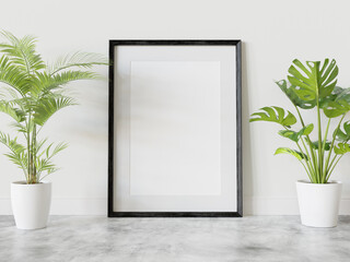 Black frame leaning on floor in interior mockup. Template of a picture framed on a wall 3D rendering