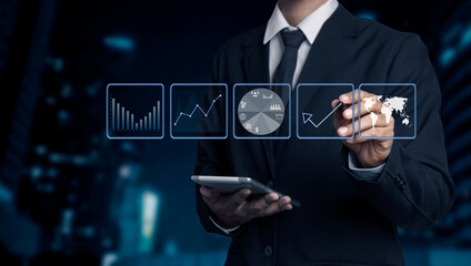 Double exposure of businessman working on digital tablet and smart phone with digital marketing virtual chart, Abstract icon, Business strategy concept.