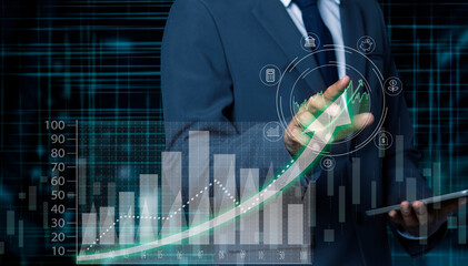 Plakat Double exposure of Finance analyst businessman analyzing stock market trend with forex graph on virtual screen. Business and technology concept.