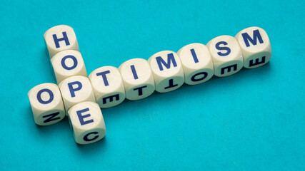 hope and optimism crossword in letter dices, positive mindset and expectations concept