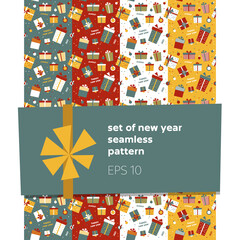 Set of seamless patterns. Festive, New Year's gifts. For wrapping paper, packaging and scrapbooking, postcard decoration