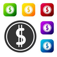 Black Coin money with dollar symbol icon isolated on white background. Banking currency sign. Cash symbol. Set icons in color square buttons. Vector Illustration.