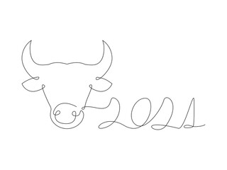 Bull head continuous one line icon. Domestic animal linear silhouette isolated on the white background. Zodiac Chinese vector symbol. New Year 2021 sign. 