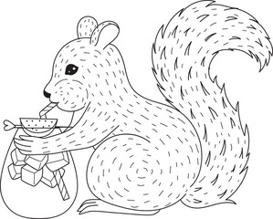 Hand drawn cute funny squirrel drinking cocktail for adult coloring book, coloring page. Vector illustration