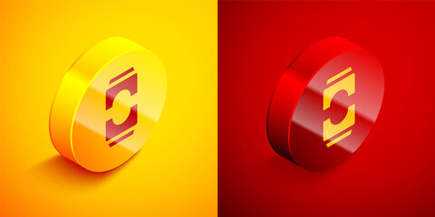 Isometric Beer can icon isolated on orange and red background. Circle button. Vector Illustration.