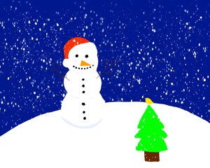 Christmas Holiday Celebration  Snowman Snowy Day Christmas Tree Singing Bird Illustration 