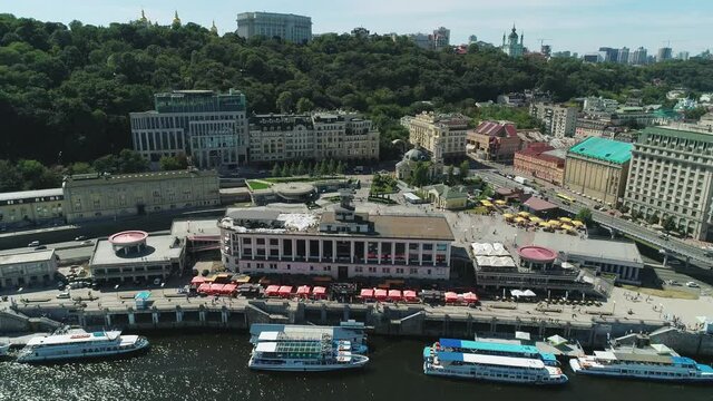 Aerial drone footage of Postal square area of Podil in Kiev