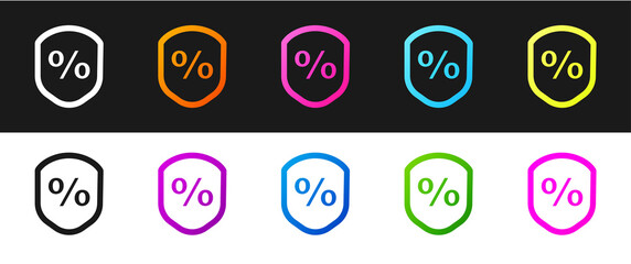 Set Loan percent icon isolated on black and white background. Protection shield sign. Credit percentage symbol. Vector Illustration.