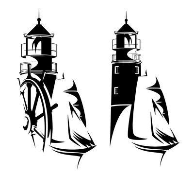 lighthouse, steering wheel and sailing ship - sea adventure and exploration black and white vector design set