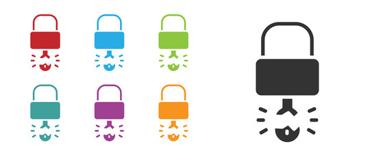 Black Key broke inside of padlock icon isolated on white background. Padlock sign. Security, safety, protection, privacy concept. Set icons colorful. Vector Illustration.