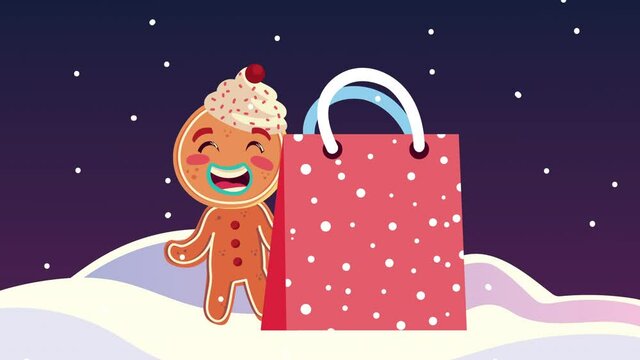 happy merry christmas animation with gingerman cookie and shopping bag