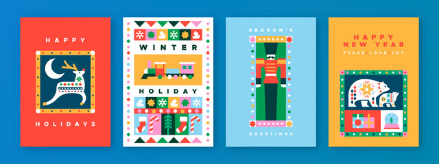 Christmas New Year geometric folk icon card set