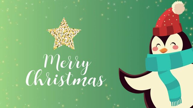 happy merry christmas lettering animation with penguin