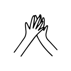 Two hands giving a high five. Great work. Friendship and cooperation concept. Black and white vector isolated illustration doodle