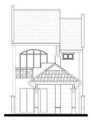 Two-storey terraced house in 2D black and white CAD drawing. Tropical climate design. 