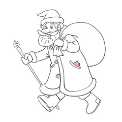 Santa Claus with a large bag of gifts in a hurry to meet the New year.  Black and white picture with pink accent. In cartoon style. Isolated on white background. Vector illustration for coloring book.