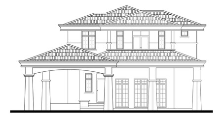 Two-storey terraced house in 2D black and white CAD drawing. Tropical climate design. 