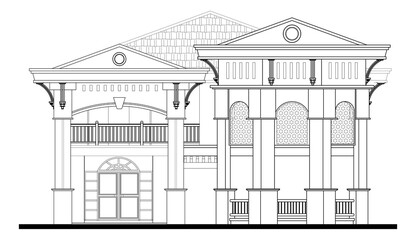 Two-storey terraced house in 2D black and white CAD drawing. Tropical climate design. 
