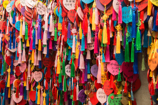Collection of ritual of hanging colorful written wishes on together in asia and china