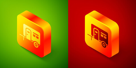 Isometric Rv Camping trailer icon isolated on green and red background. Travel mobile home, caravan, home camper for travel. Square button. Vector.