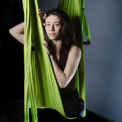 Instructor in aerial yoga portrait close-up