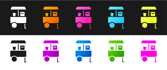 Set Fast street food cart icon isolated on black and white background. Urban kiosk. Vector.