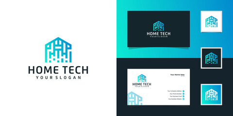 Abstract home tech with line art style logo and business card
