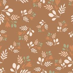 Autumn seamless folk pattern with white and green colored leaves and flowers. Beige background.