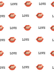 St. Valentines Seamless pattern with female opened mouth with tongue and love lettering.  Good for cards, wallpaper, posters, wrapping paper, backrgound 