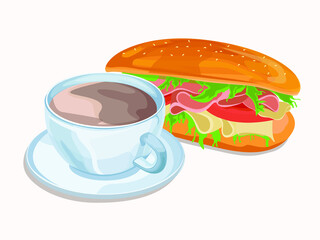 Coffe and sandwich for breakfast. Vector illustration