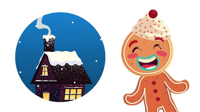 happy merry christmas animation with gingerman cookie and house