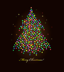 Vector decorative Christmas tree made of colorful gems. Isolated on black. Postcard.
