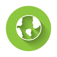 Fototapeta premium White Earth globe icon isolated with long shadow. World or Earth sign. Global internet symbol. Geometric shapes. Green circle button. Vector.