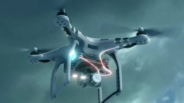 Drone Flying in the sky and scanning with hud hologram lines. High quality 4k footage