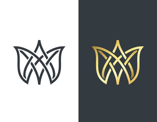 Vector crown, golden shape and monochromatic one. Abstract emblem, design concept
