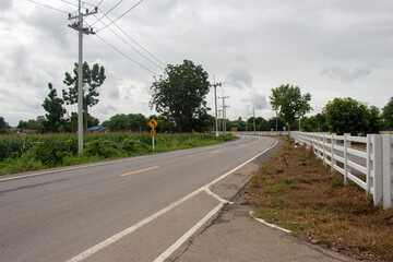 Fototapeta premium A country road with a gray sky in a corn field
