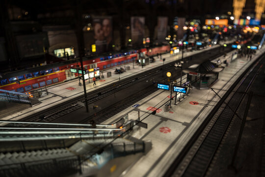 toy effect view of an urban railway station
