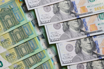 Main world currency theme dollar and euro background. Row and pile of money banknotes