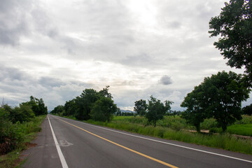 A country road with a gray sky in a corn field