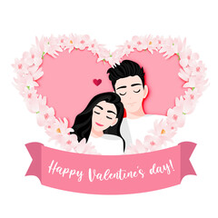 Cartoon character with a couple relax pose in pink flower heart shape banner on white background. Valentine s Day festival vector illustration